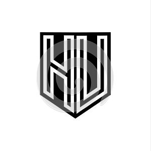 HU Logo monogram shield geometric white line inside black shield color design photo