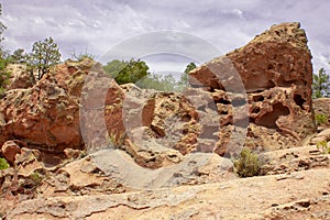 Huaco geologic rock formations in arid desert landscape in the Santa Fe National Forest between Santa Fe and Albuquerque