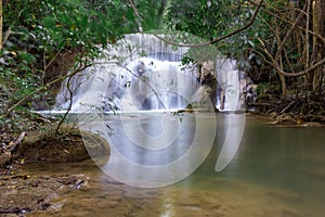 Huai Mae Khamin Waterfall is one of the most popular in Khueanâ€‹ Srinagarindraâ€‹ Nationalâ€‹ Park, Kanchanaburi, Thailand