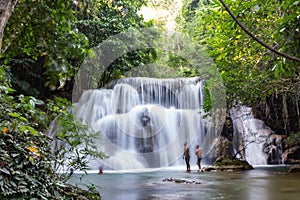 Huai Mae Khamin Waterfall is one of the most popular in Khueanâ€‹ Srinagarindraâ€‹ Nationalâ€‹ Park, Kanchanaburi, Thailand