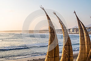 Huanchaco Beach and the traditional reed boats & x28;caballitos de totora& x29; - Trujillo, Peru