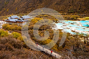 Huanglong National Park , Yellow Dragon during autumn afternoon in Ngawa Tibetan and Qiang in Sichuan , China : 18 October 2023