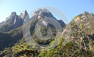 Huangshan Mountain in Anhui Province, China. Beautiful mountain scenery seen from the eastern steps