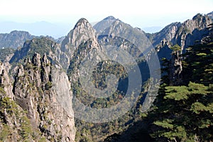 Huangshan Mountain in Anhui Province, China. A beautiful panoramic mountain view of the rocky peaks