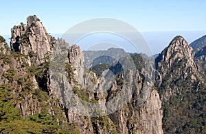 Huangshan Mountain in Anhui Province, China. A beautiful panoramic mountain view of the rocky peaks