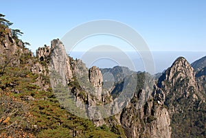 Huangshan Mountain in Anhui Province, China. A beautiful panoramic mountain view of the rocky peaks