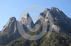 Huangshan Mountain in Anhui Province, China. Close up of mountain peaks as seen from the eastern steps