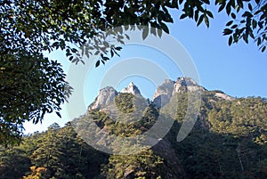 Huangshan Mountain in Anhui Province, China. Mountain view framed by trees seen from the eastern steps