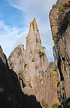 Huangshan Mountain in Anhui Province, China. Rocky pinnacle on Huangshan summit near Flying-Over Rock