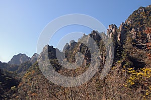 Huangshan Mountain in Anhui Province, China. View of cliffs and peaks as seen from the eastern steps