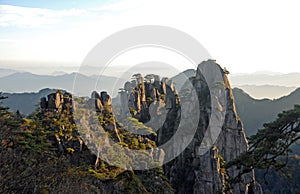Huangshan Mountain in Anhui Province, China. View at sunrise from Dawn Pavilion viewpoint with a rocky outcrop and pine trees