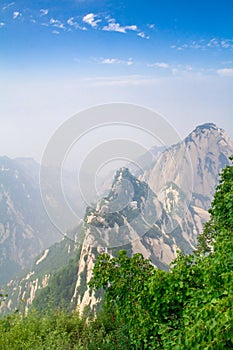 Huashan Mountain Peak under the blue sky. Xian, Shaanxi Province, China