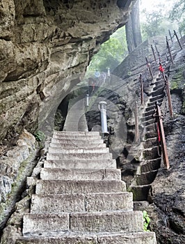 Huashan mountain stairs up view with mist and fog - Xian, Shaaxi Province, China