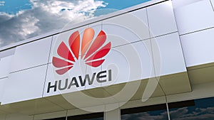 Huawei logo on the modern building facade. Editorial 3D rendering