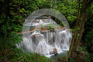 Huay mae khamin waterfall, this cascade is emerald green and popular