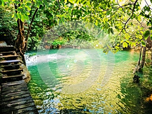 Huay Mae Khamin waterfall in Kanchanaburi, Thailand South east asia Jungle landscape with amazing turquoise water of cascade