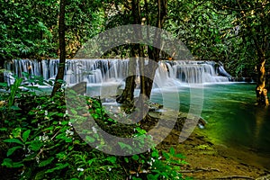 Huay Mae Khamin Waterfall,2st floor, named Mandkamin, located at Srinakarin Dam National Park Kanchanaburi Province, Thailand photo