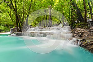 Huay Mae Khamin Waterfall with trees. Nature landscape of Kanchanaburi district in natural area. it is located in Thailand for