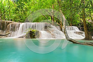 Huay Mae Khamin Waterfall with trees. Nature landscape of Kanchanaburi district in natural area. it is located in Thailand for