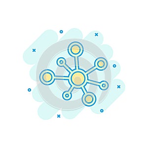 Hub network connection sign icon in comic style. Dna molecule vector cartoon illustration on white isolated background. Atom