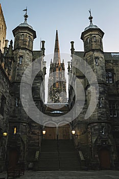 The Hub seen through New College Edinburgh University courtyard