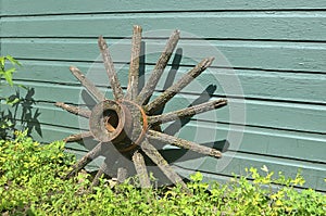 Hub and spokes of wood wheel