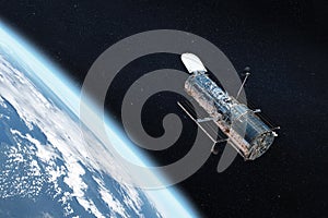 The Hubble space telescope on orbit of Earth planet. Space observatory research. Elements of this image furnished by NASA