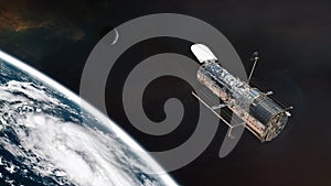 The Hubble space telescope on orbit of Earth planet. Space observatory research. Elements of this image furnished by NASA