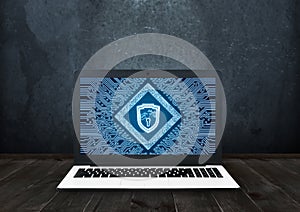 Hud blue shield icon on laptop screen