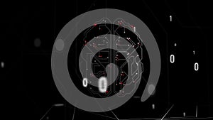 HUD brain data. Futuristic digital frame of the brain structure with red impuses inside and numbers blowing.