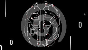 HUD brain data. Futuristic digital frame of the brain structure with red impuses inside and numbers blowing.