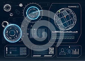 Hud. Modern collection. Future technology display design. Hud technology innovation. Radar icon. Hud set. Hud ui. photo