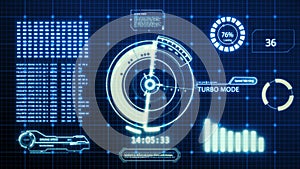 HUD driving car speed user interface computer screen display with pixels background. Blue abstract digital transformation hologram