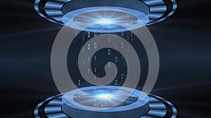 HUD elements in blue on a dark background - light beam in cylinder shape with floating digits of the binary code