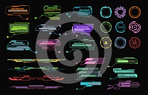 Hud elements. Futuristic callout bar, modern digital info boxes layout. Call bars gadget game app interface vector photo