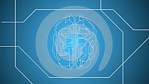 HUD frame wired human brain with electric impulses flashing over blue background.