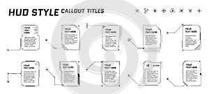 HUD futuristic style callout titles on white background. Infographic call arrow box bars and modern digital info