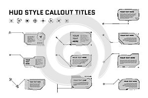HUD futuristic style callout titles on white background. Infographic call arrow box bars and modern digital info black