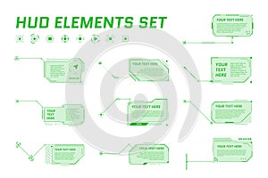 HUD futuristic style callout titles on white background. Infographic call arrow box bars and modern digital info green