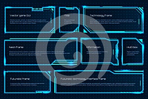 HUD game element. Futuristic tech screen template with text messages, warning technology frame. Vector attention