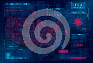 HUD map of the USA. Set of HUD callout design elements. Cyberattack, system under threat, DDoS attack, Error system