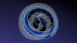 HUD with Planet Earth in Center of Rotating Circles 4k Rendered Video Footage in Dark Blue.