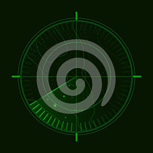 HUD radar display. Vector green radar screen. Military search system. Vector illustration