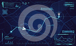 Hud roadmap. Road direction in digital gps navigation map on screen display, future routes hologram way data network