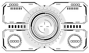 HUD sci-fi interface screen view black circular geometric design virtual reality futuristic technology creative display on white