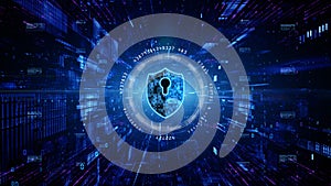 HUD and Shield Icon of Cyber Security. Digital Data Network Protection. High-speed connection data analysis. Technology data