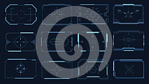 HUD square target. Futuristic user interface frames and borders, Sci-Fi target aim, modern technology viewfinder. Vector digital