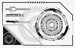 Hud technology innovation. Futuristic interface hud design, infographic elements like scanning graph, warning arrow and bar regula