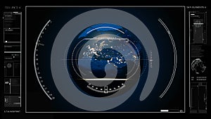 HUD user interface in the virtual panel. Planet Earth on a background of digital technologies.