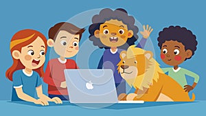 Huddled together in front of a laptop a group of children squeal as they use their computer mouse to pet a virtual lion